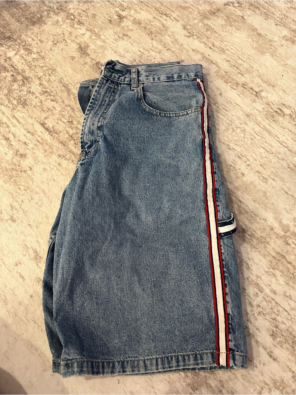 Vintage Tommy Hilfiger Blue Denim Shorts with Red-White-Navy Stripe - Picture 3 of 5